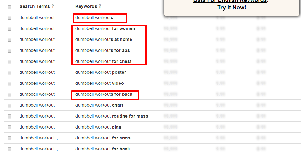 Search for dumbbell workout found 365 unique keywords