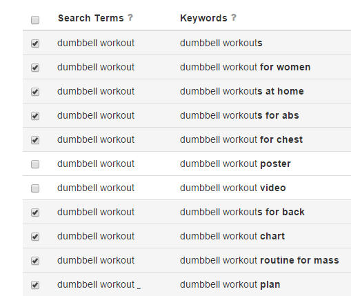 Select keywords for dumbbell workout found 365 unique keywords