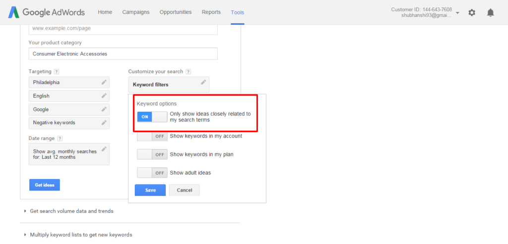 Show Exact match keywords in Google Adwords Keyword Planner